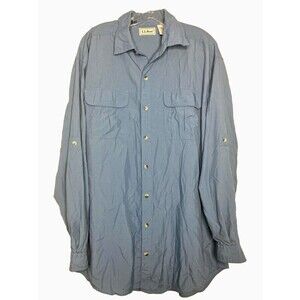 L.L.Bean Top Men Long Sleeve Button Front 100% Nylon Tall Large Blue Roll Tab